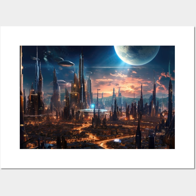 Lunar Metropolis: Futuristic Cityscape Illuminated by Alien Moonlight Wall Art by MerlinArt